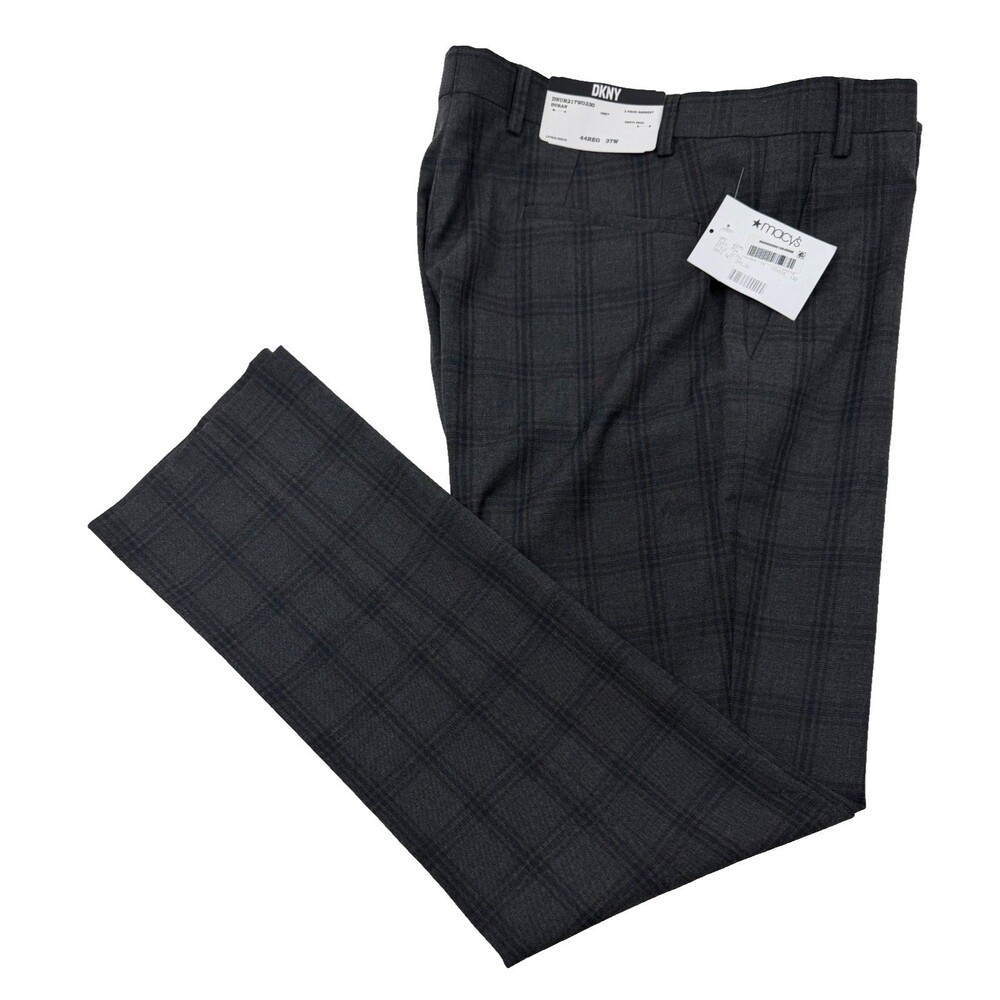 $395 NEW DKNY MENS 37X31 GRAY CHECK SOFT MODERN FIT TROUSERS DRESS PANTS SLACKS